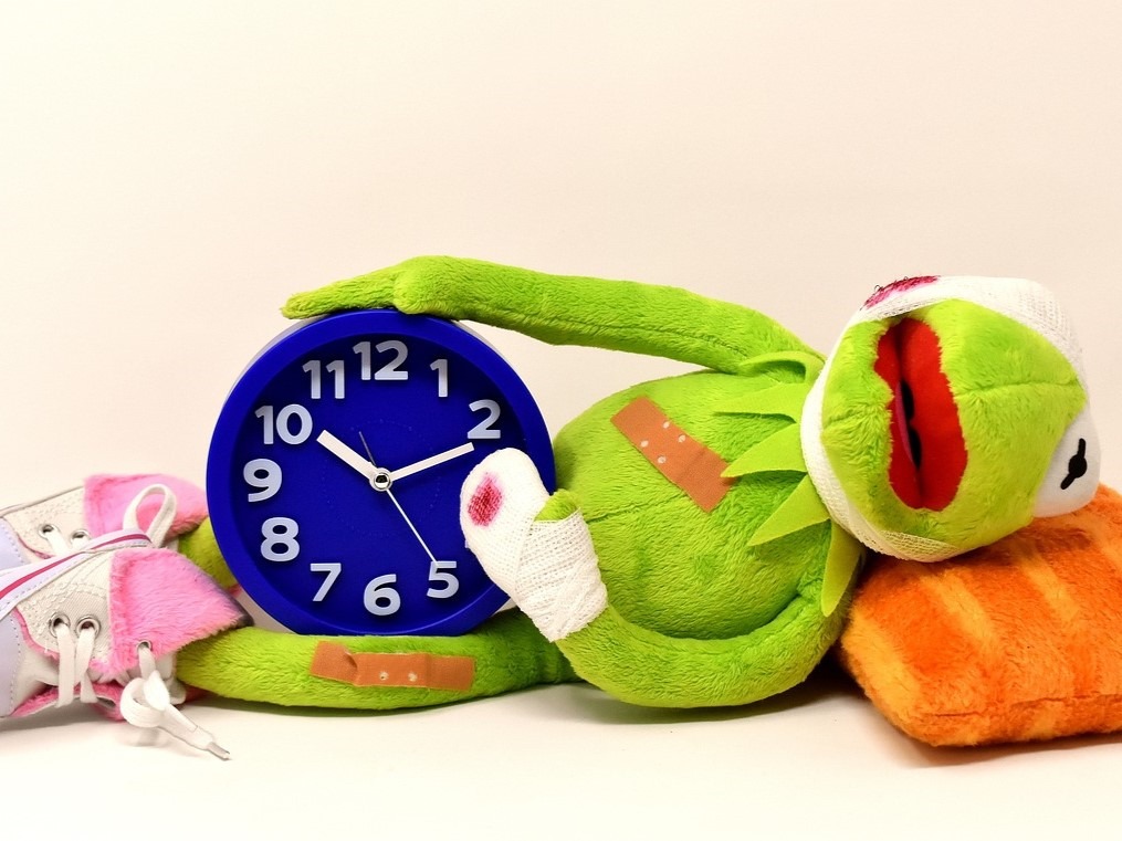 Peluche verte tenant une horloge, qui semble malade. Elle vient illustrer la catégorie des douleurs et des maladies chroniques, pouvant être soulagées par votre naturopathe.